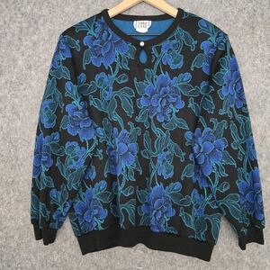 Vintage Cricket Lane Sweater Womens 20W Blue Floral Knit Pullover Keyhole Gold